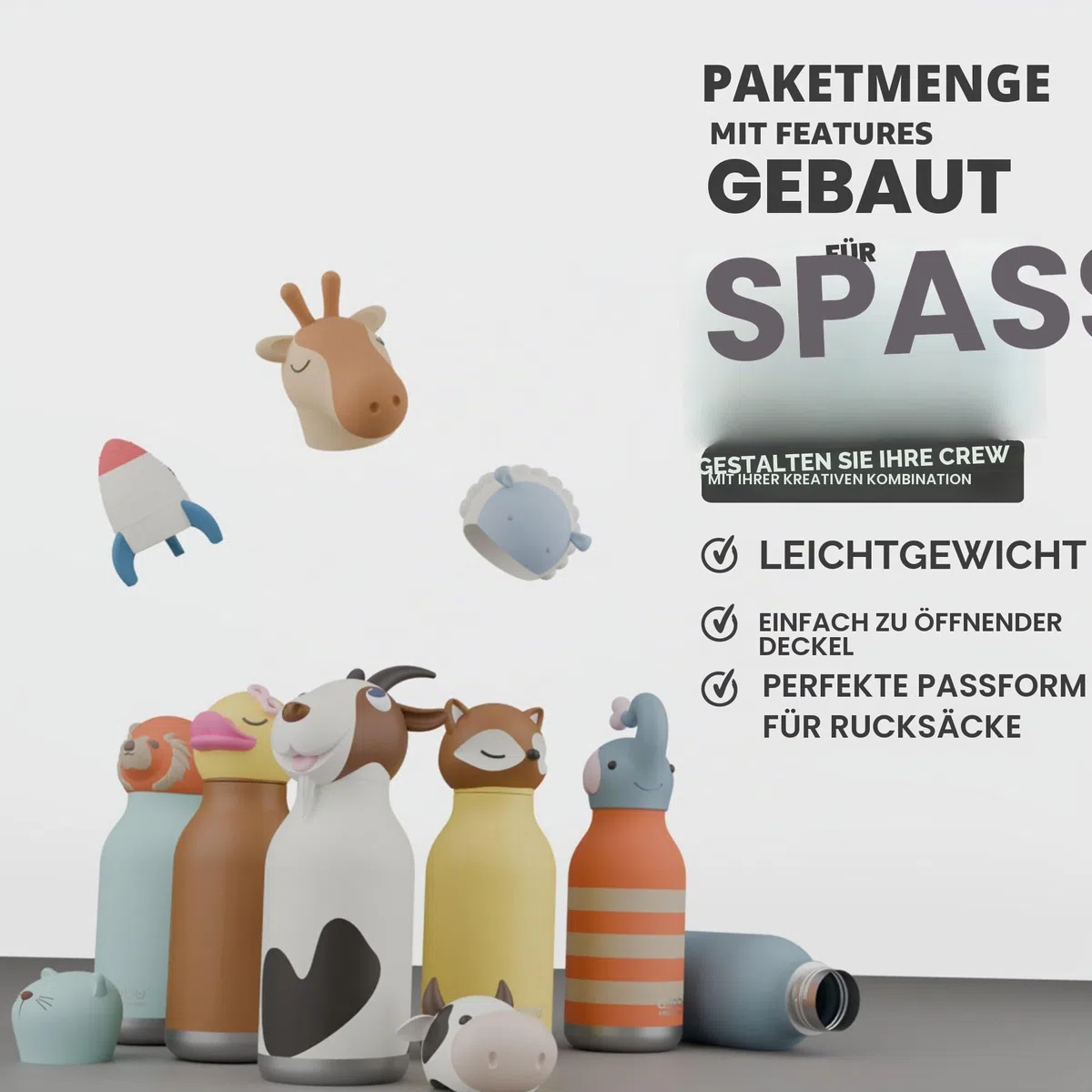 Asobu Bestie Kindertrinkflasche mit Strohhalm – Isolierte Edelstahlflasche 420ml mit Raketen-Kopf – Auslaufsicher & BPA-frei