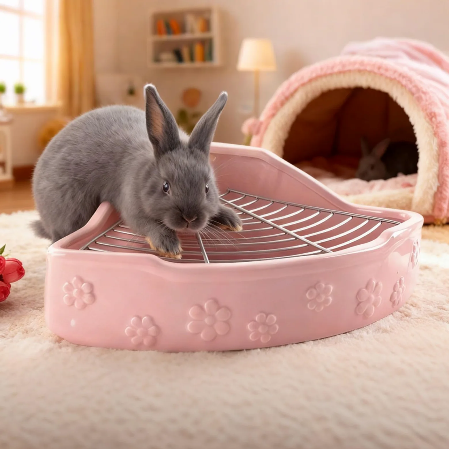 Große Keramik Ecktoilette, 32 x 24 x 11 cm, Blumenmuster, für Meerschweinchen/Kaninchen/Chinchilla, mit Metallgitter, leicht zu reinigen, Pink