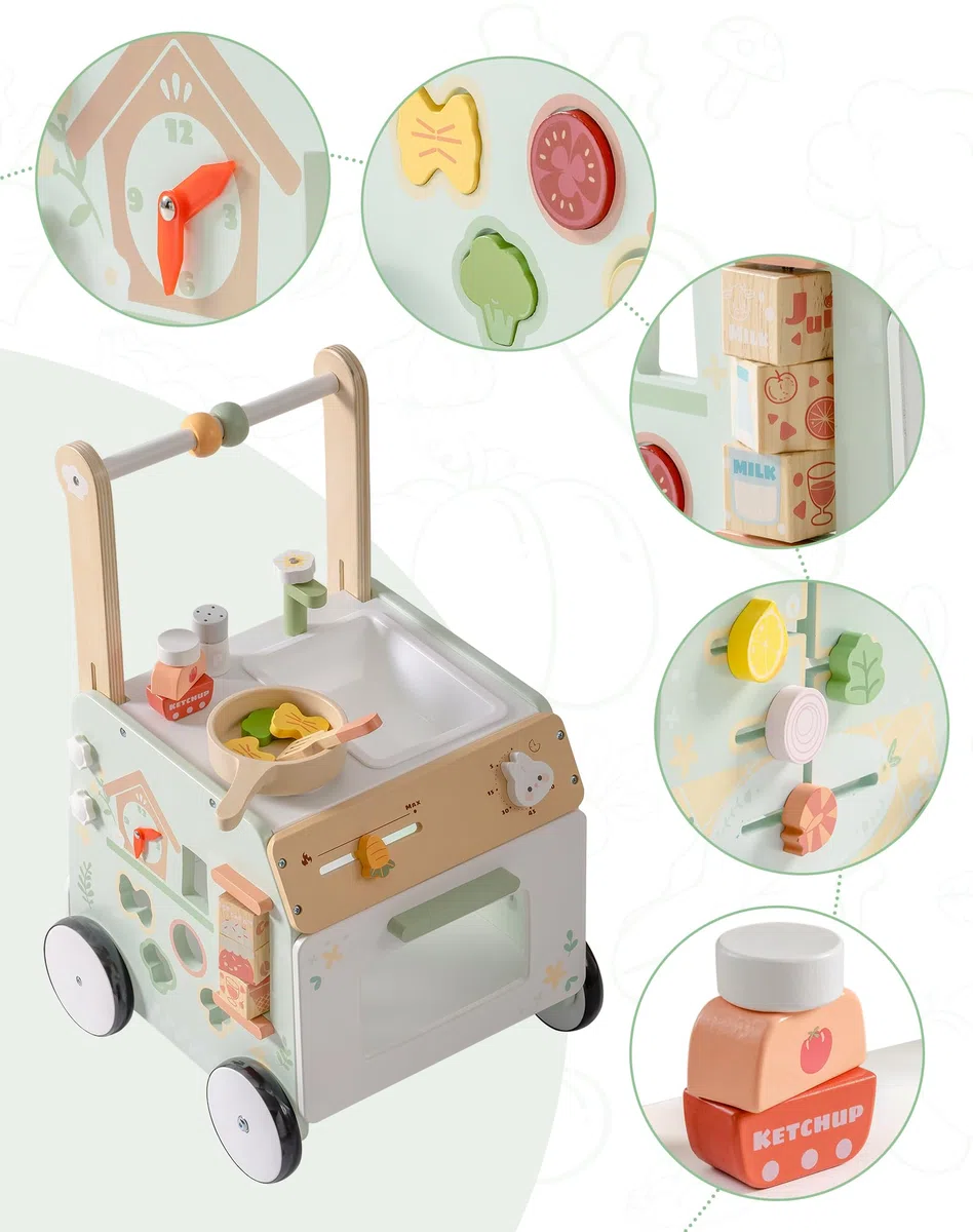 ROBOTIME Holz Lauflernwagen mit Spielküche, 2-in-1 Baby Walker & Aktivitätscenter, höhenverstellbar, mit Bremse, Motorikspielzeug für Kleinkinder ab 10-36 Monaten