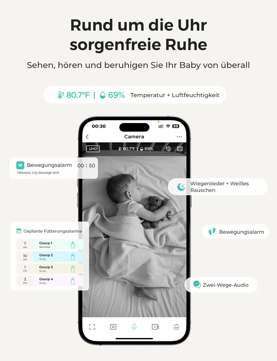 Dr.Care VistaView Lite WLAN Babyphone mit Clip-Halterung – 4" 720P Split-Screen & 1080P Kamera, App-Steuerung, Bewegungsalarm, Nachtsicht, 2-Wege-Audio, Aufnahme