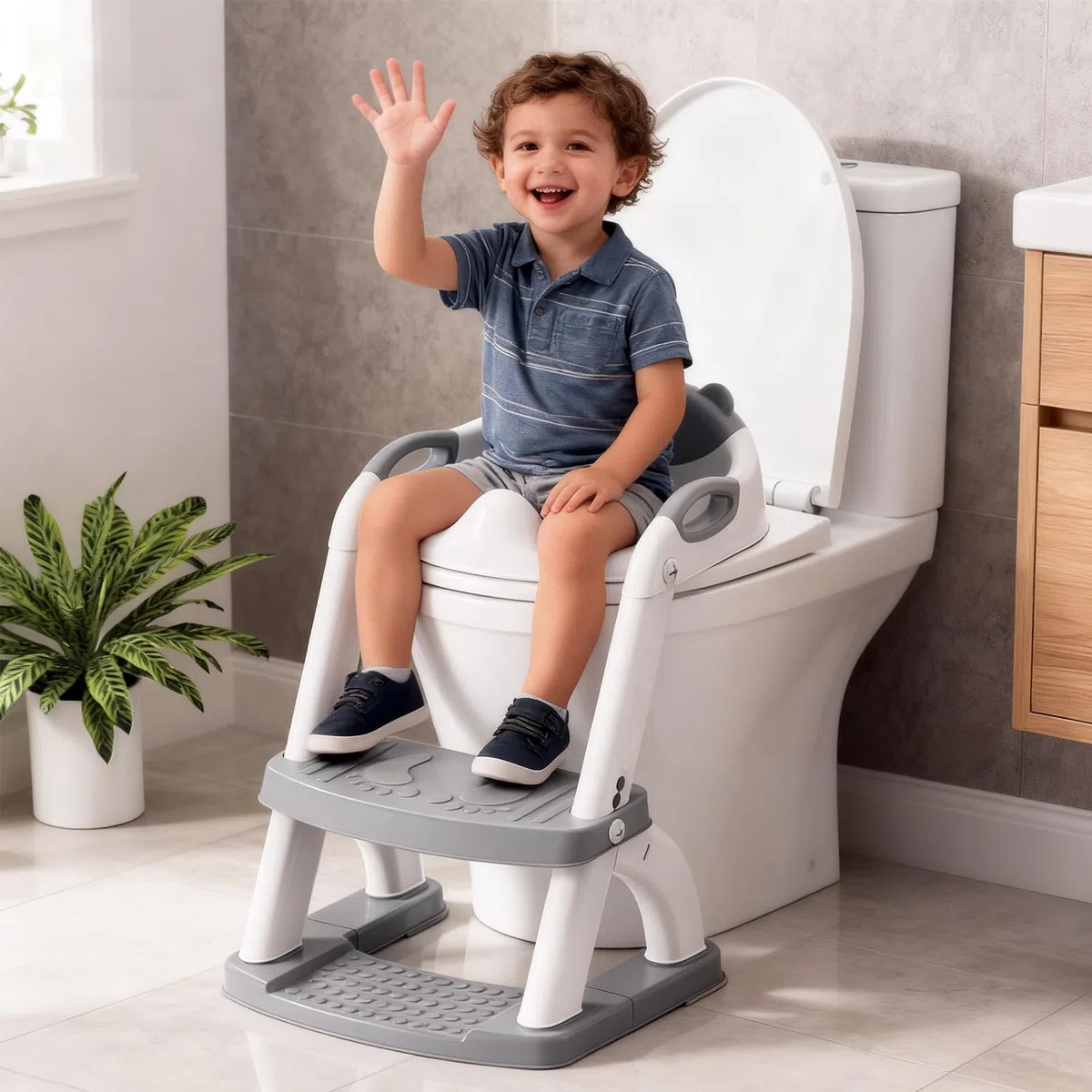 SKYROKU Toilettensitz 2 in 1 Toiletten Aufsatz für Kinder 2-7 Jahre Upgraded Stabil bis 90kg PP(BPA-frei) Wc Sitz mit Treppe Brille Toilettenleiter Rutschfestes Familie Kita (Grau-8898)