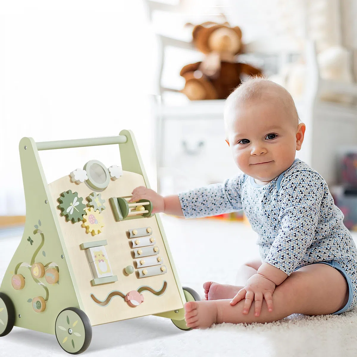 Beright - Holzwalker für Babys mit Schub- und Ziehlernaktivitäten, Aktivitätsspielzeug für Kinder, Multiaktivitätszentrum entwickelt motorische Fähigkeiten und stimuliert die