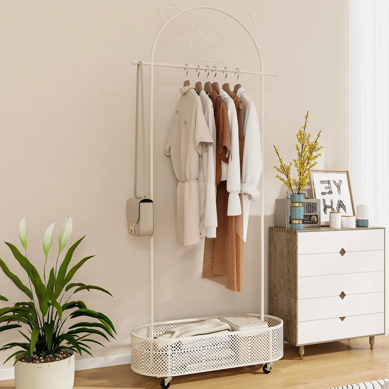 DREAMADE Kinder Kleiderständer mit Ablage & Kleiderstange, freistehender Kinder Kleiderstange auf Rollen, Höhenverstellbare Kindergarderobe aus Metall für Kinderzimmer Rosa (Weiß)
