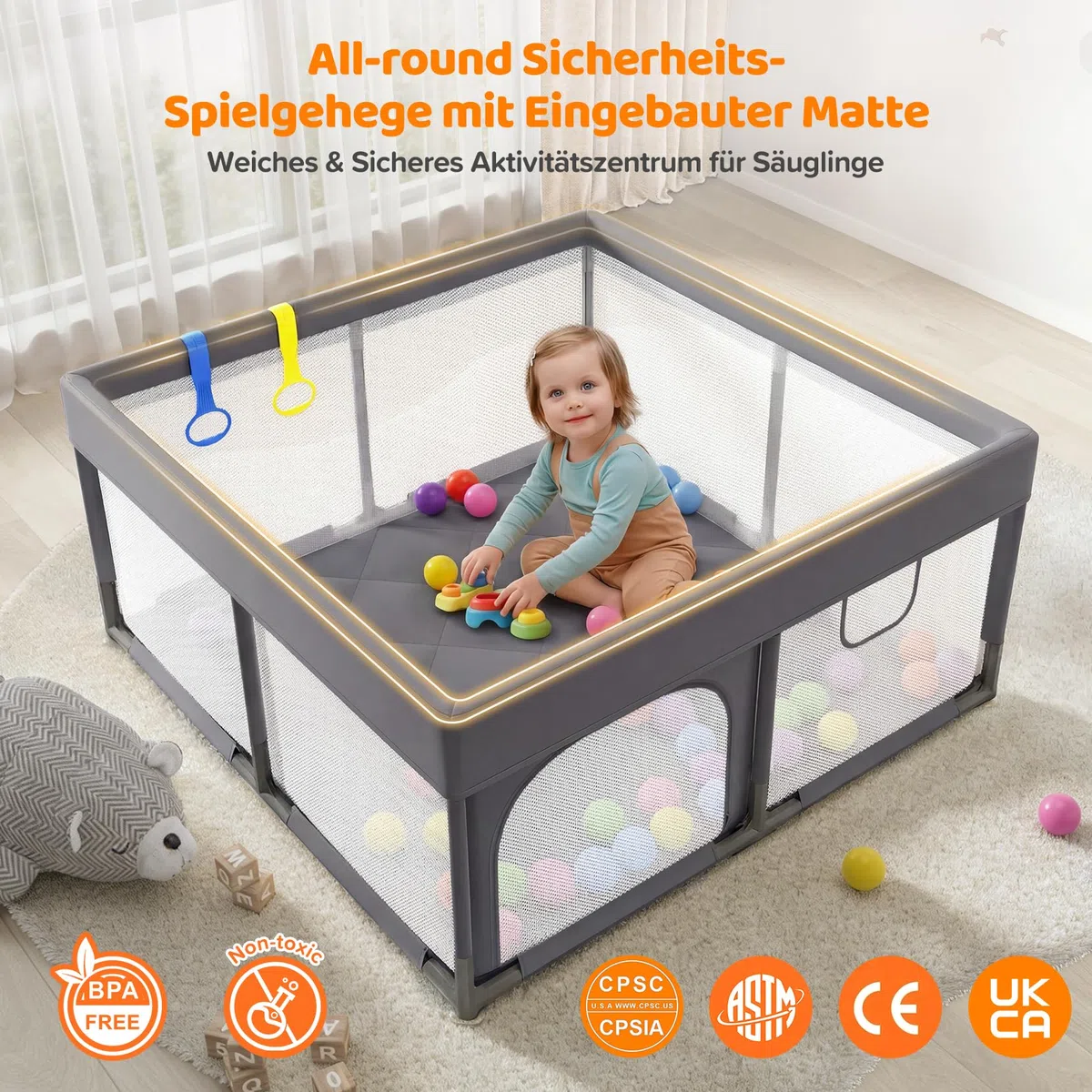 Dripex Laufstall Baby, Großes Laufgitter Baby faltbar für 2-3 Kinder, Indoor & Outdoor laufgitter & -Ställe mit atmungsaktivem Netz & 5 Pull-up Rings, 47x71", Hellgrau | All-in-One Design mit rundum gepolstertem Rahmen, integrierter Matte, 2 Greifringen u