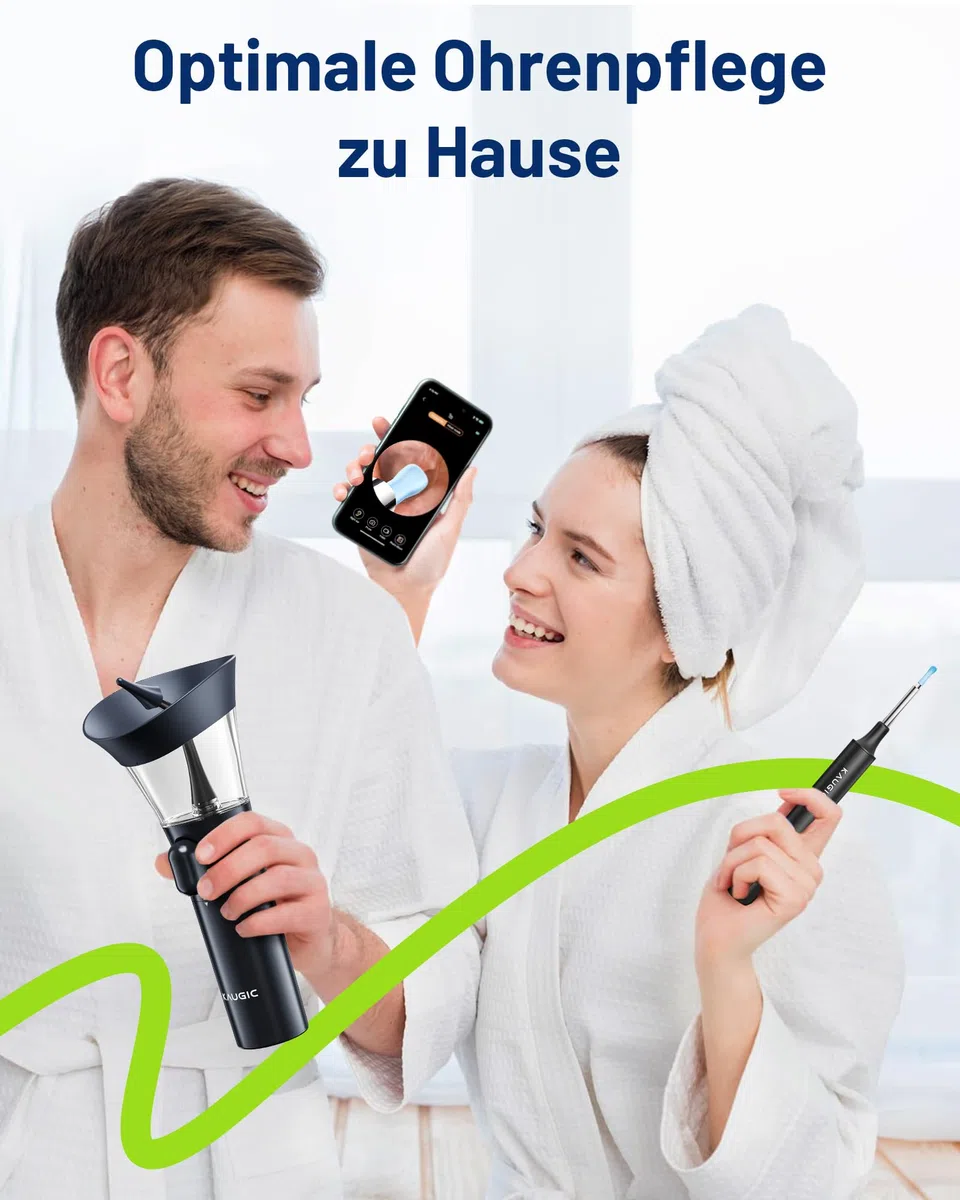 KAUGIC 2 in 1 Ohrpflege Set – HD Ohrkamera (1080P, 6 LEDs) Manuelles Ohrspülgerät mit Doppeltank Für Erwachsene Blau