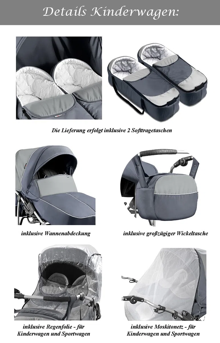 Zwillingskinderwagen 2 in 1 City Twin inkl. Sportsitze - 15 Teile - Schwarz-Schwarz