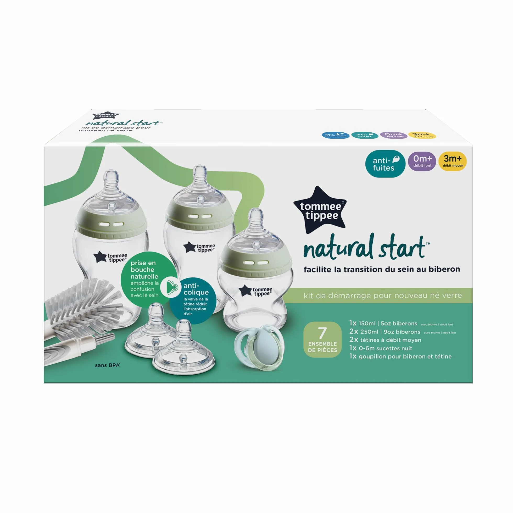 Tommee Tippee-Babyflaschen, Natural Start-Set aus Glas für Neugeb., Anti-Kolik-Flaschen (150ml und 250ml), brustähnl. Sauger, selbst steril., Zubehör