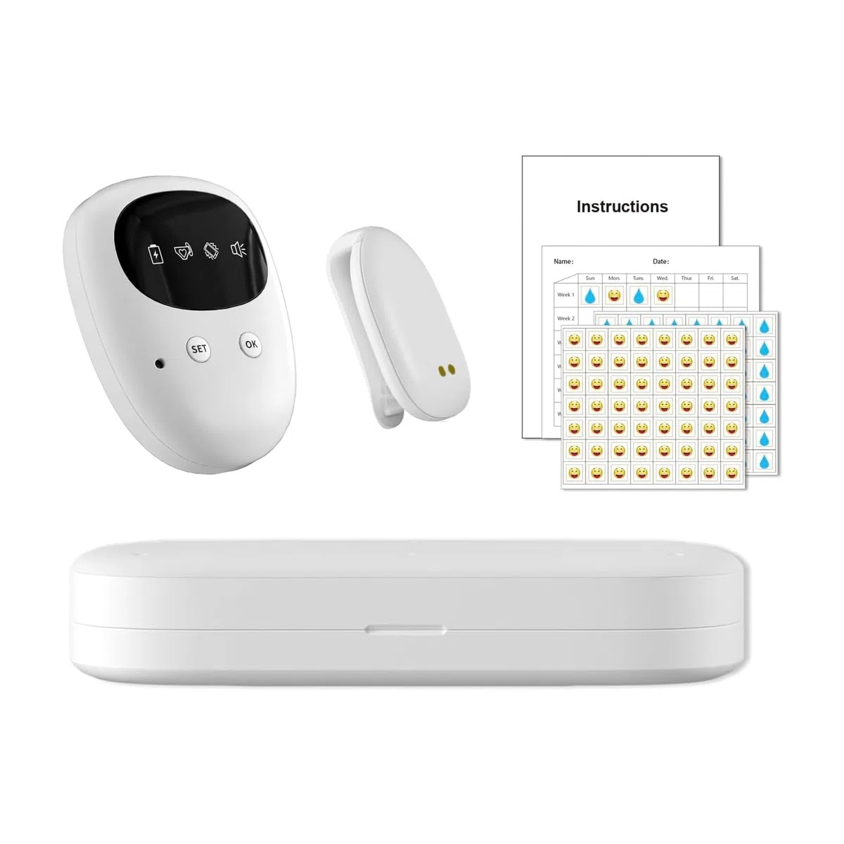 FENCY Kabelloser Bettnässer-Alarm für Jungen und Mädchen, per USB wiederaufladbar, Töpfchen-Alarm mit Geräuschen und Vibration, Bettnässungssensor für Kinder, Weiß