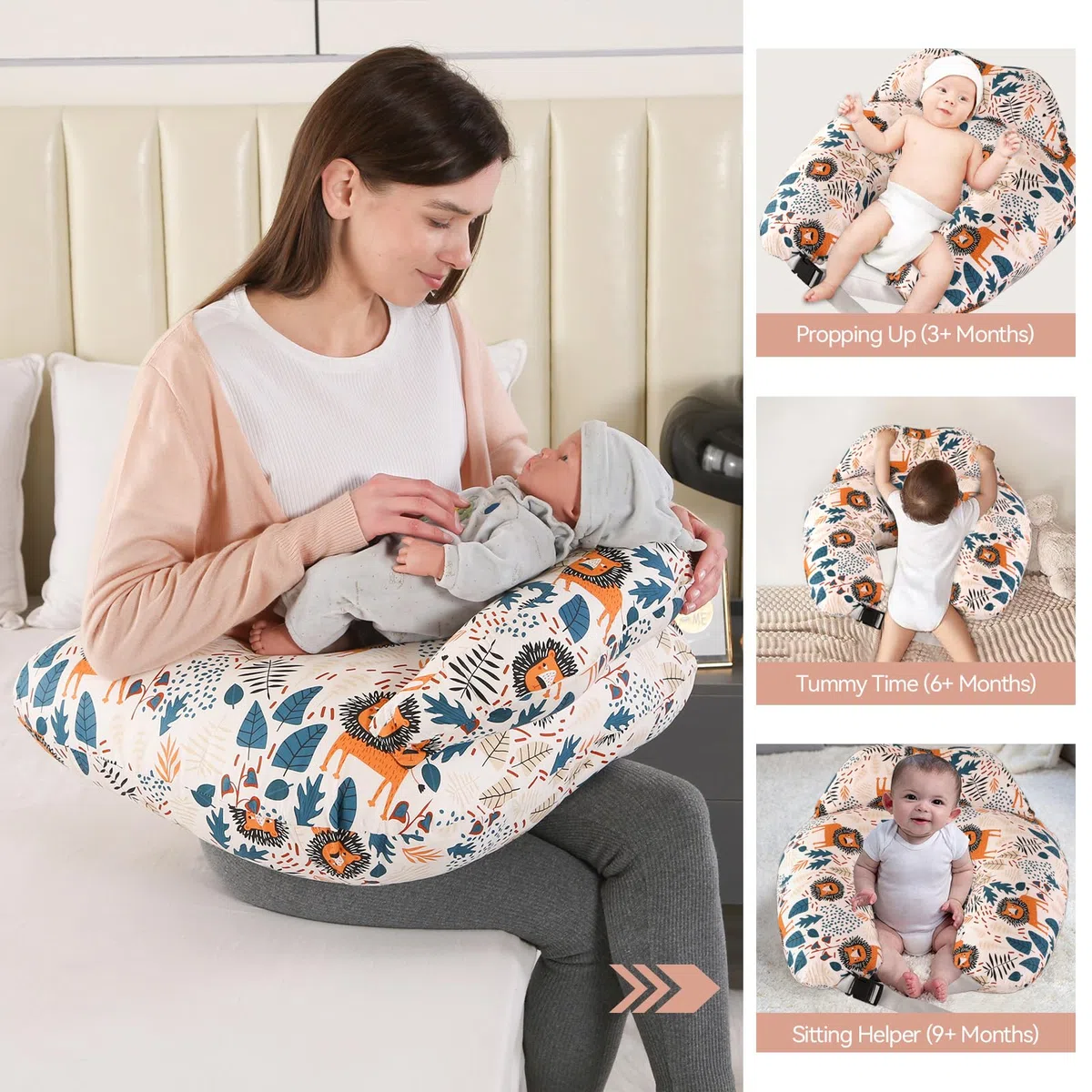 Stillkissen, Schwangerschaftskissen, Multifunktionales Motherhood Stillkissen mit Verstellbarem Hüftgurt und Sicherheitszaun, 100% Baumwollbezug (Löwe)