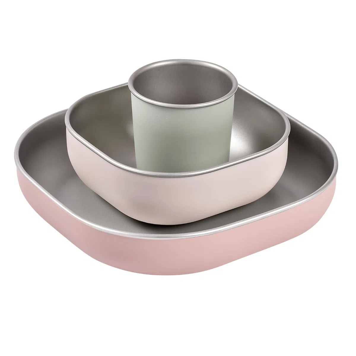 BÉABA Baby-Essensset Edelstahl 3-teilig – Glas + 2 Teller mit Silikonhülle, Mikrowellen- & Spülmaschinengeeignet, Leicht, Bruchsicher & Rutschfest – Farbe Barbapapa