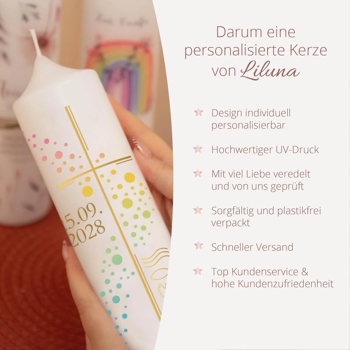 Taufkerze Mädchen Blumen modern personalisiert mit Namen & Taufspruch, online selbstgestalten, inkl. Jutebandverzierung