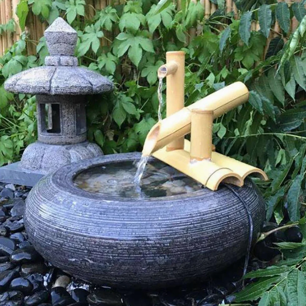 Bambusbrunnen Dekor - Wasserauslauf mit Pumpe für Gartendekoration, Japanische Wasserfall-Funktion im Freien