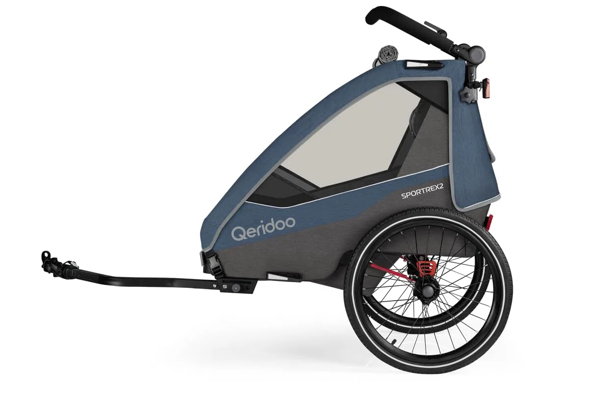 Qeridoo Sportrex Jeans Blue | Fahrradanhänger | Sicher & flexibel | Besonders gut als Trailer | Federung & 3-in-1-Verdeck | Fahrradanhänger Kinder | Fahrrad Anhänger | Kinderfahrradanhänger