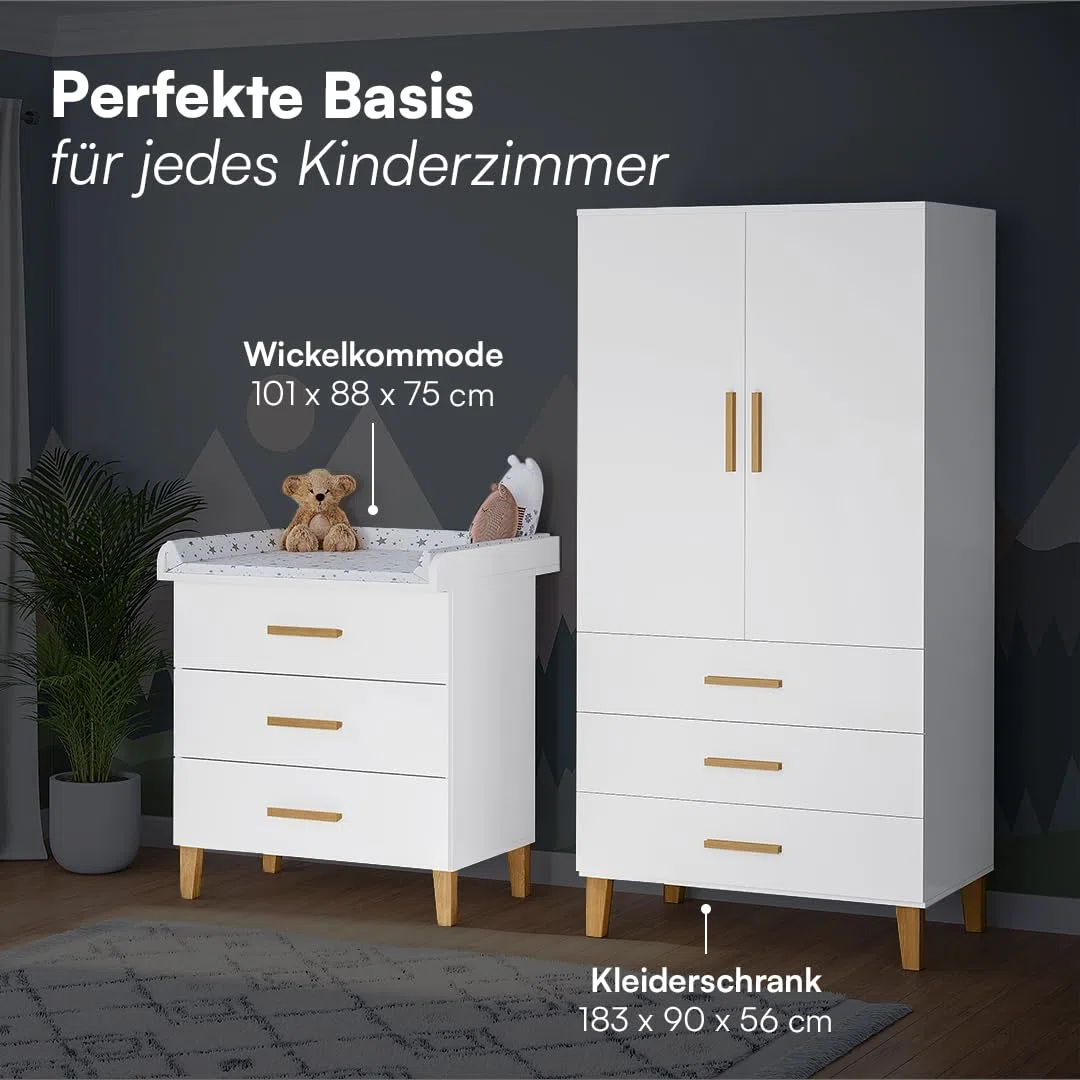Bellabino Liri Kinderzimmer Set – 2-teiliges Babyzimmer Set mit Kinderkleiderschrank & Wickelkommode in Weiß/Natur – Wickeltisch mit abnehmbaren Wickelaufsatz & Kleiderschrank für Kinderzimmer