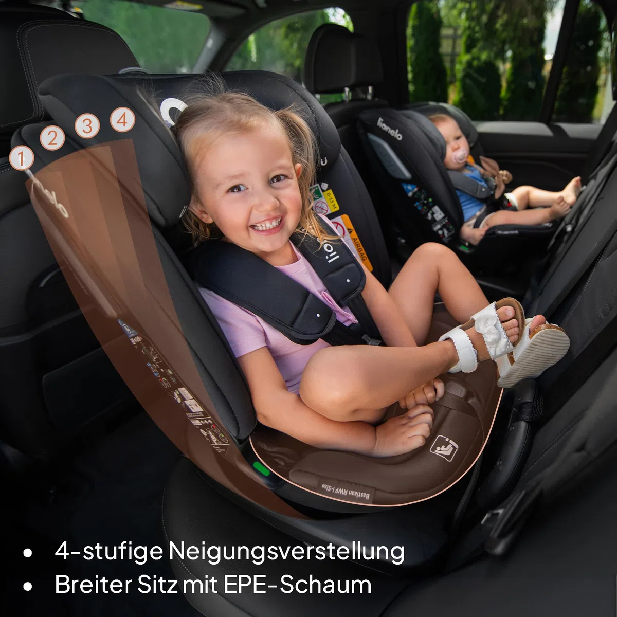 Lionelo Bastiaan RWF Baby- und Kleinkindautositz 0-36 kg von 40–150 cm | 360° drehbar ISOFIX-zertifiziert i-Size R129 neuester Standard, Befestigung vorne und hinten, Seitenschutz, voll verstellbar