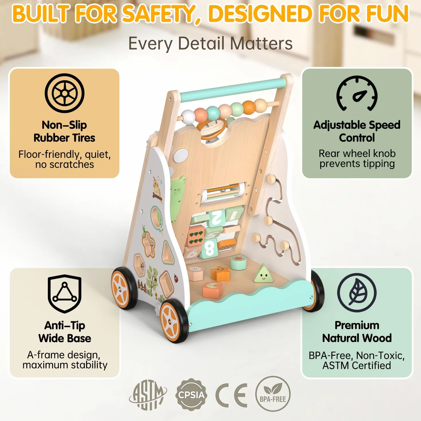 Weilim Baby Lauflernwagen Holz, Montessori Lauflernhilfe ab 12 Monaten | Sensorik-Spielzeug 10 Aktivitäten, Geschwindigkeit & Höhe verstellbar, Xylophon Labyrinth Perlen Spiegel, Jungen & Mädchen