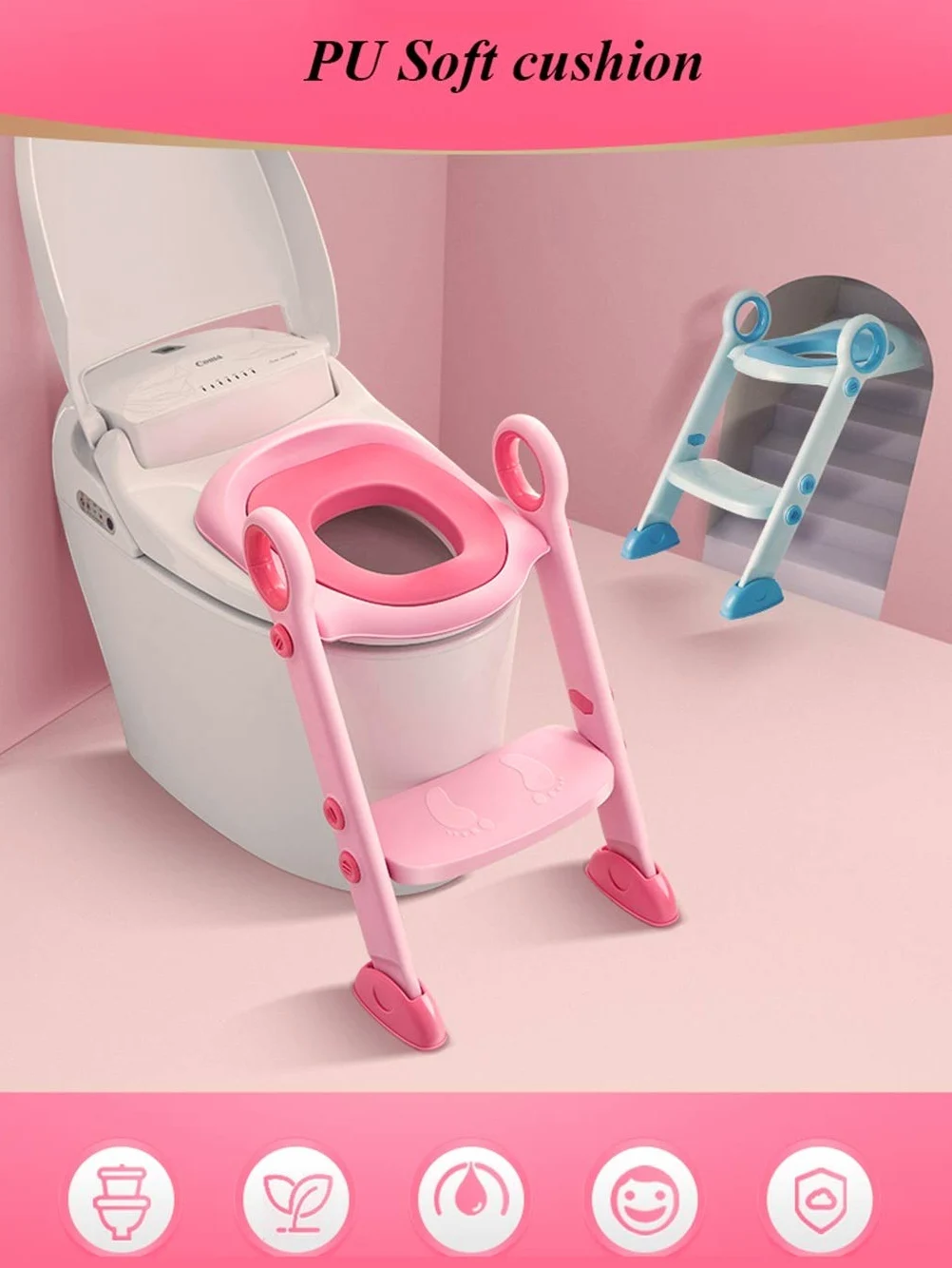 Toilette Töpfchen mit Trittleiter, Ergonomie Portable Einstellbar Töpfchentrainer Sicher Robust Falten Fußbank Zum Bad Junge Mädchen (Farbe : Rosa, Größe : A)
