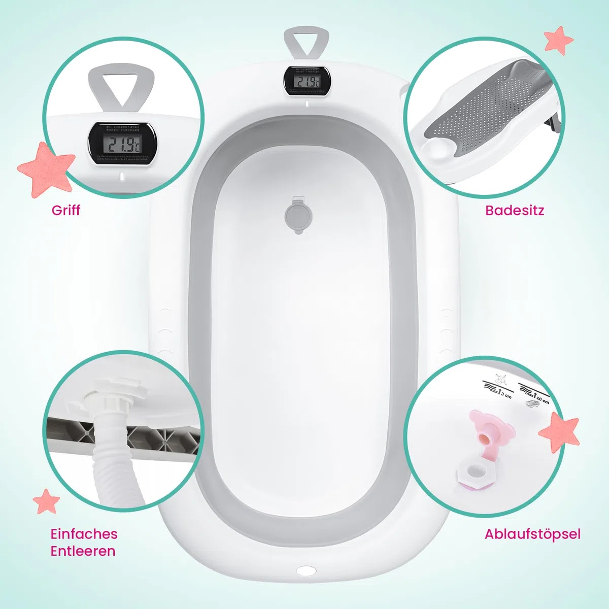 Primabobo Milo Faltbare Babybadewanne mit Gestell und Badesitz, Elektronischem LCD-Thermometer und Ablaufschlauch, Stabiles Bade-Set für Neugeborene und Babys, Grau