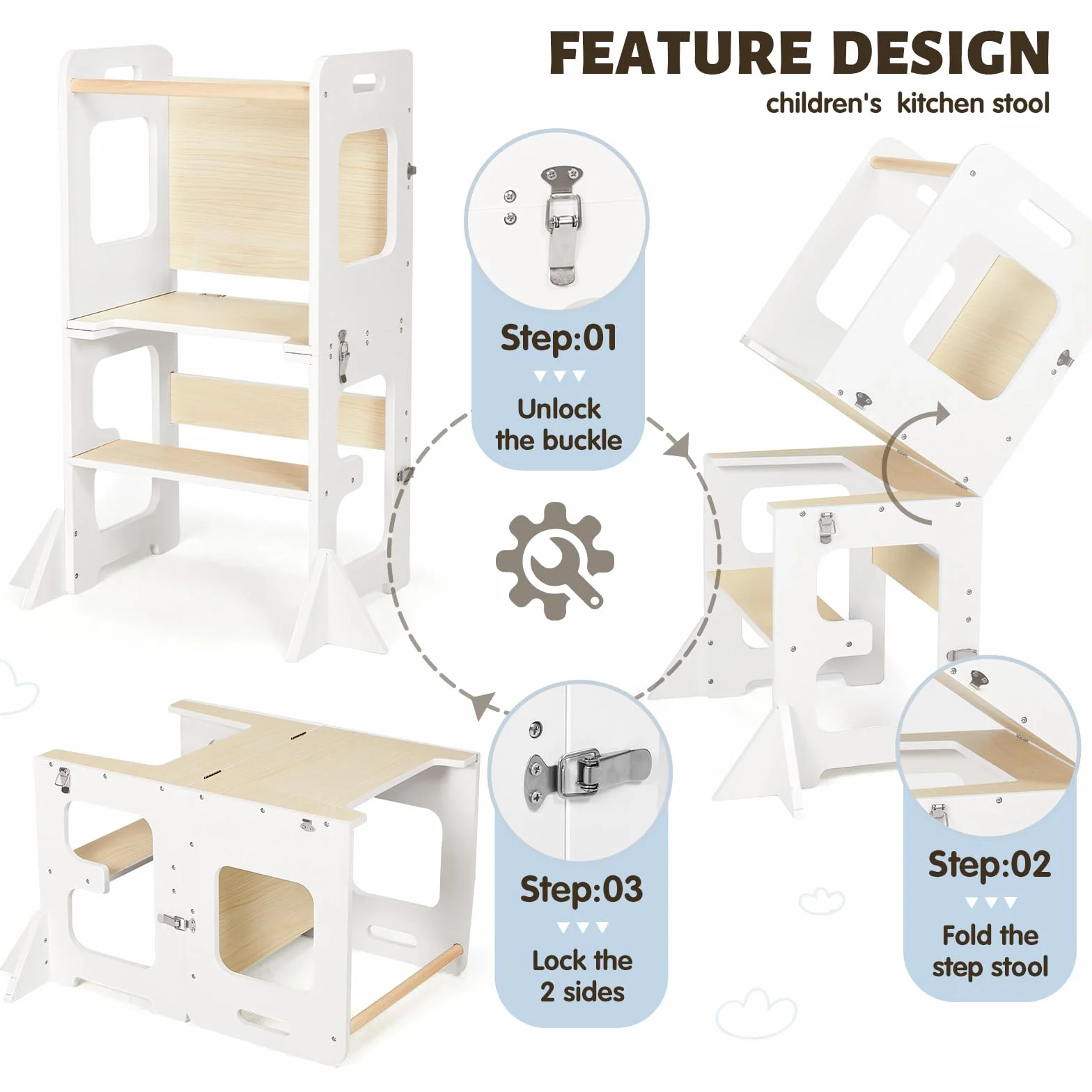 Labebe Lernturm ab 1 Jahr, Montessori Learning Tower mit Tafel, 3 in 1 Multifunktion Lernturm Klappbar, Umkippschutz Farbblockiertes Tritthocker Kinder-Weiß&Holz