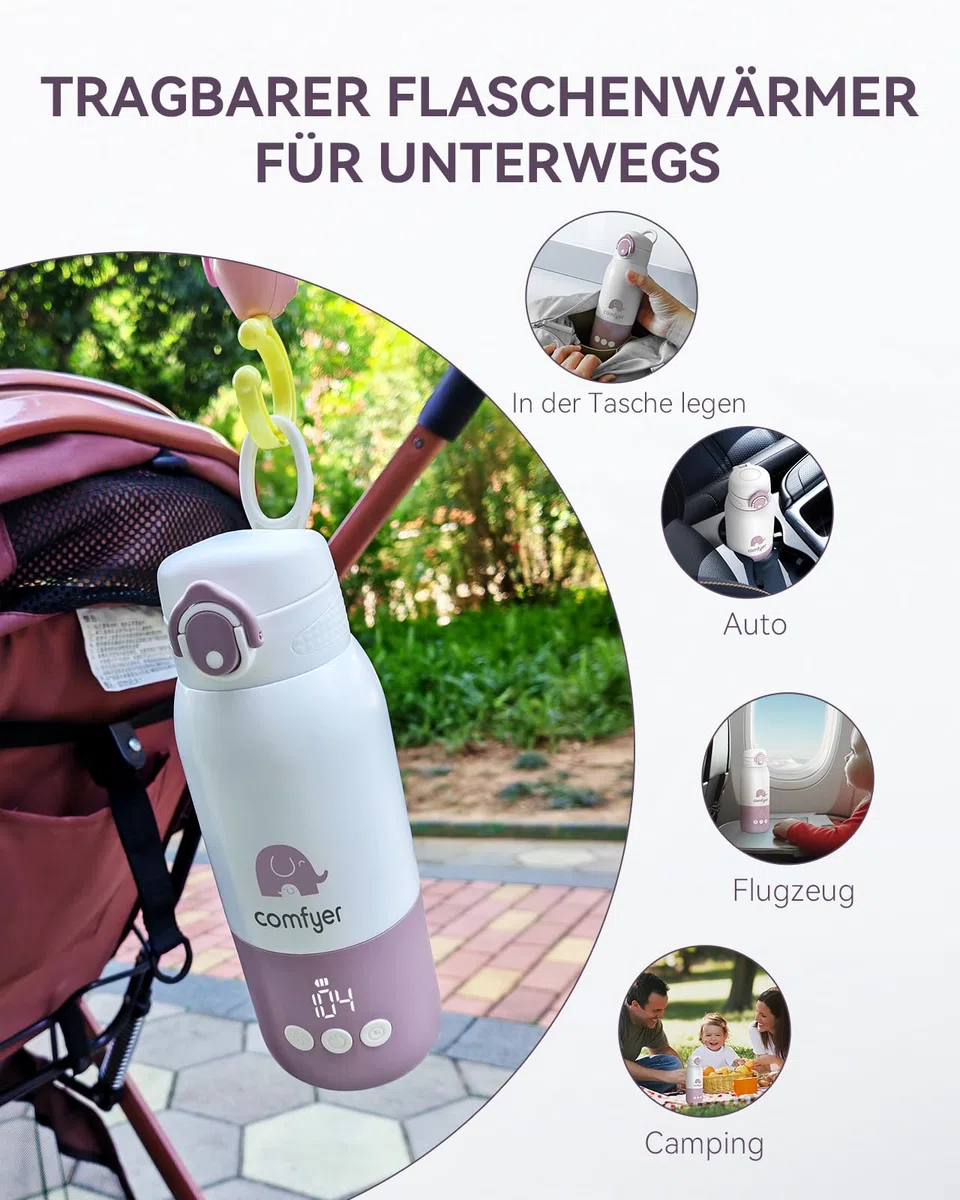 Comfyer BW01 Tragbarer Flaschenwärmer Baby unterwegs für Baby, 12000mAh Akku, Schnelles Aufheizen 2 Min für Muttermilch&Wasser, Flaschenwärmer für Nachtfütterung, Auto, Flugzeugreisen On-the-Go