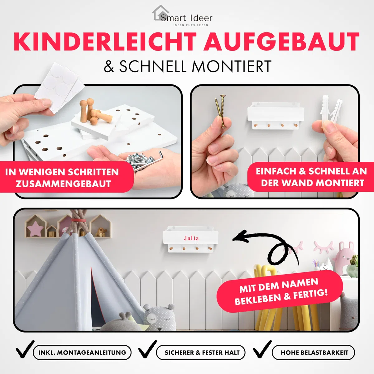 Kindergarderobe mit Ablage - Individuell mit selbstklebenden Buchstaben - Wandgarderobe aus Holz - Garderobe mit 4 Haken - Garderobe Kinder mit Ablage