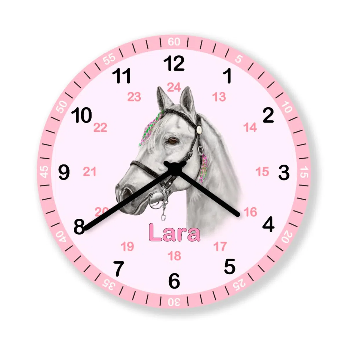 Kinder Wanduhr Pferd Lernuhr Rosa mit Wunsch Name Kinderzimmer Uhr