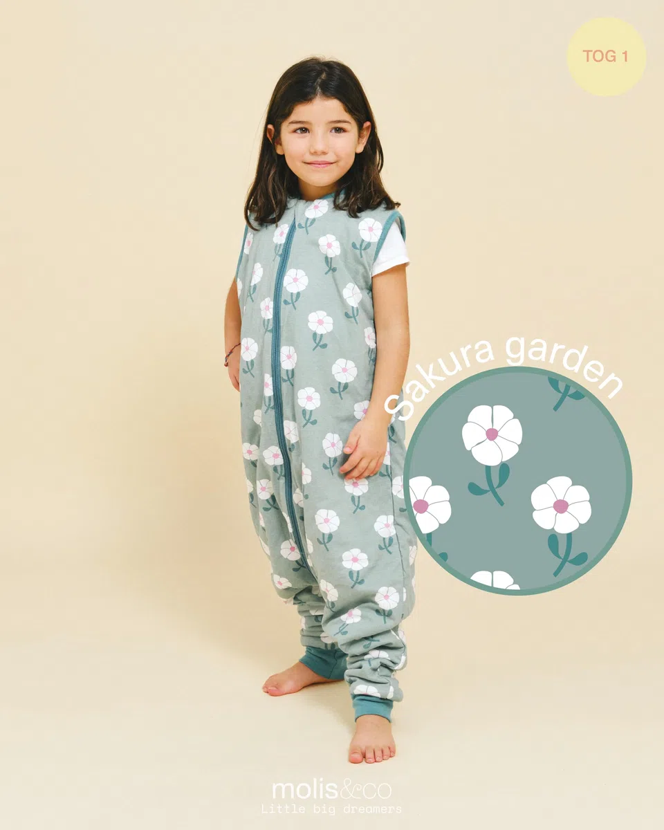 molis&co - Baby Schlafsack mit Füßen - Ideal für Frühling und Herbst - Babyschlafsack mit Füßen 1 tog - Leicht gepolstert - 100% Baumwolle (Oeko-TEX 100), Premium Qualität - Sakura Garden (120 cm)