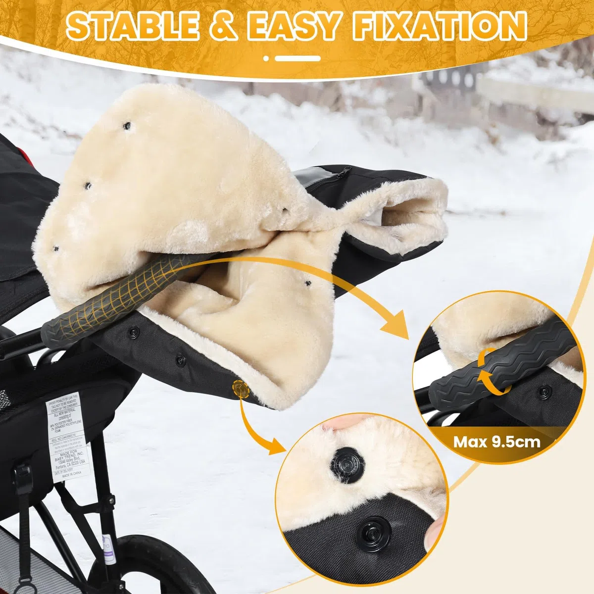 Orzbow Kinderwagen Handwärmer, Warm Handwärmer Kinderwagen mit Lammfellimitat, Stabil Handmuff für Kinderwagen mit Handyfach, Wetterfester Stoff, Komfortabel, Handschuhe Kinderwagen im Winter, Schwarz