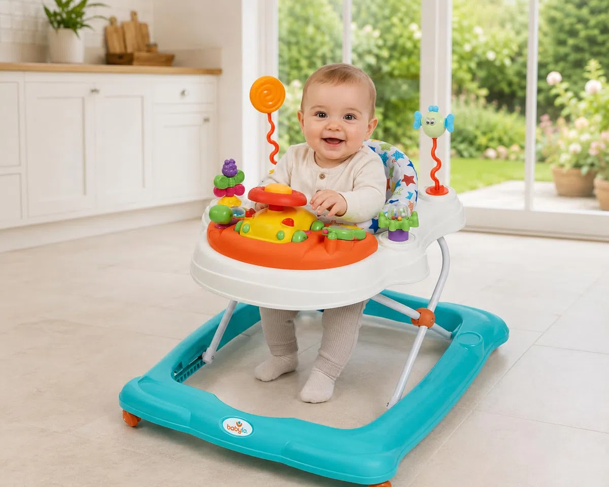 Babylo Twist About Baby Walker mit Aktivitäten und elektronischen Spielen, höhenverstellbar und 120 Grad gepolsterter Drehsitz