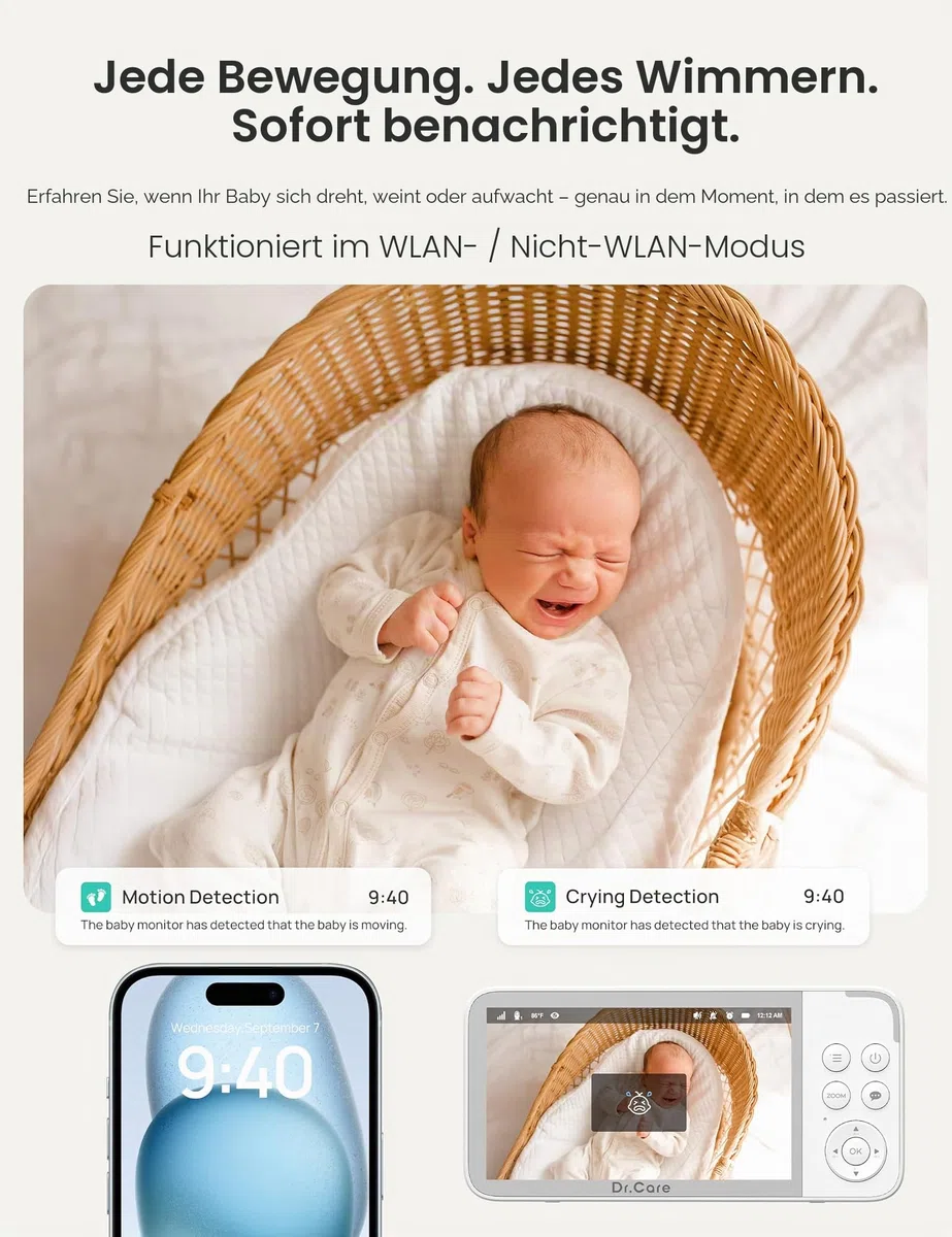 Dr.Care VistaView Smart WLAN Babyphone mit 2 Kameras, 5” 1080P HD, 2K Kamera, App-Steuerung, Bewegungs- & Weinen-Alarm, Nachtsicht, 5000mAh, Zwei-Wege-Audio, 390m Reichweite