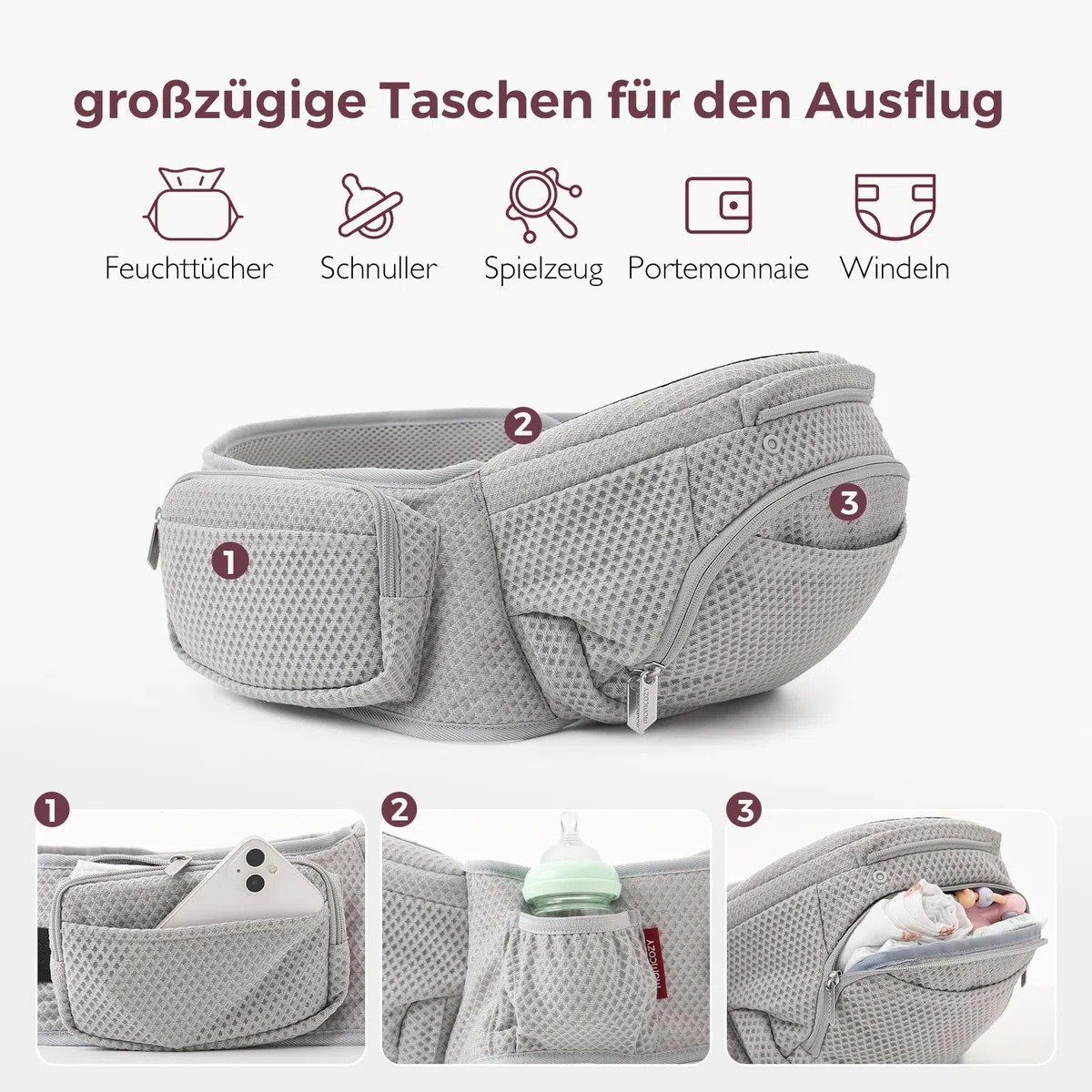 Momcozy Babytrage mit Hüftkissen, 2-in-1 verstellbare Hüfttrage bis 20kg, atmungsaktive Tragehilfe mit Lendenstütze, Grau