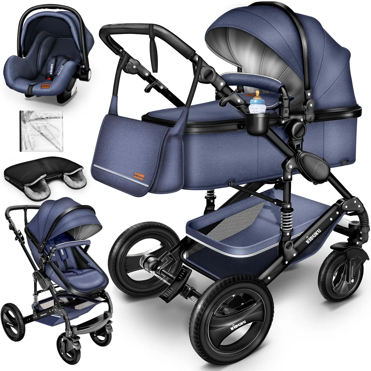 KIDUKU 3 in 1 Kinderwagen XXL Komplettset Kombikinderwagen mit Babywanne Buggy Sportsitz Auto-Babyschale Fußsack Vollgummireifen Wickeltasche Regenschutz ECE R129