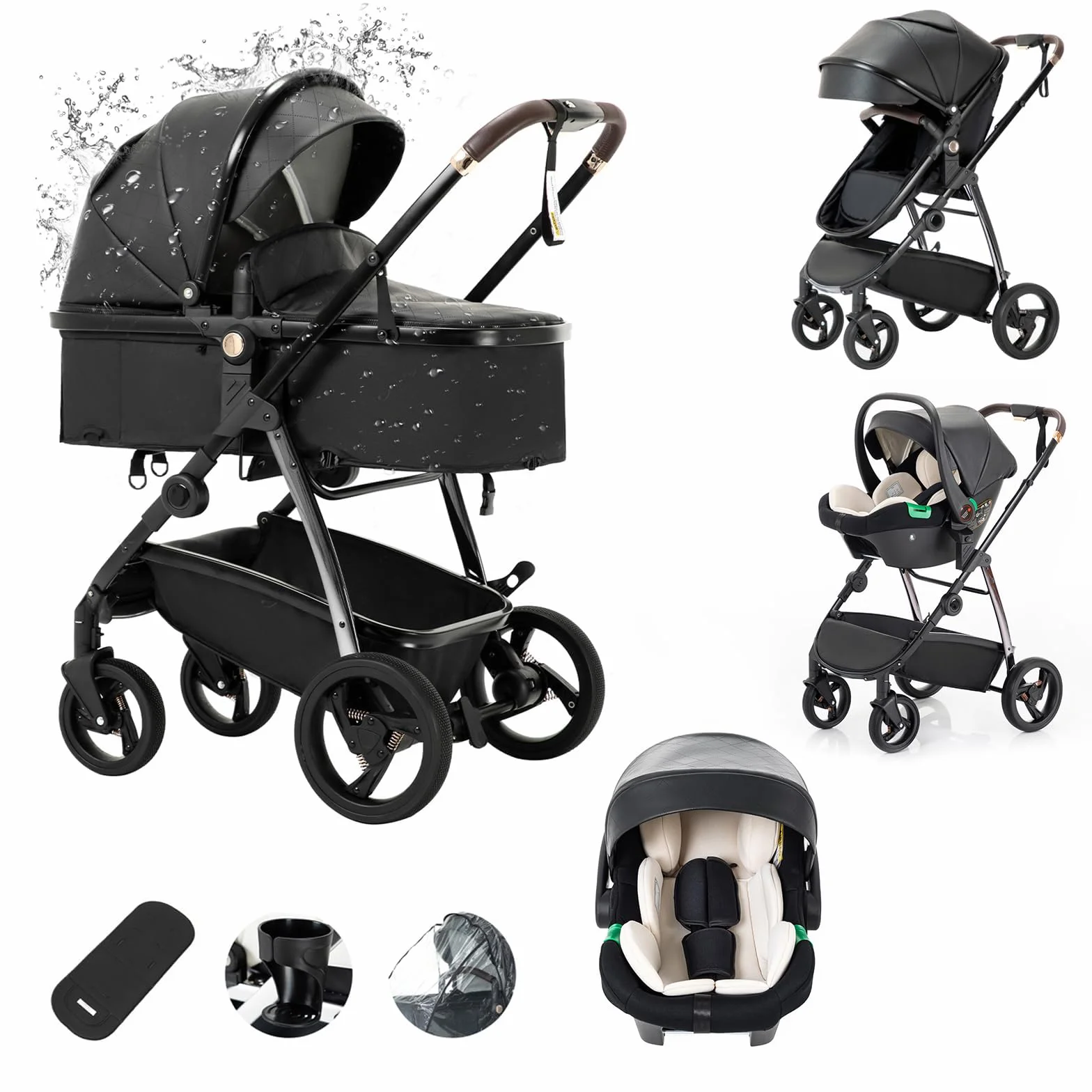 Zkiprm 3-in-1 Kinderwagen, Reisesystem, Babywanne Buggy&Sportsitz, Ein-Klick-Zusammenklappen, Kinderwagen mit Aluminiumgestell, Mumienbeutel/Regenschutz/Baumwollmatte für Neugeborene von 0-4 Jahren