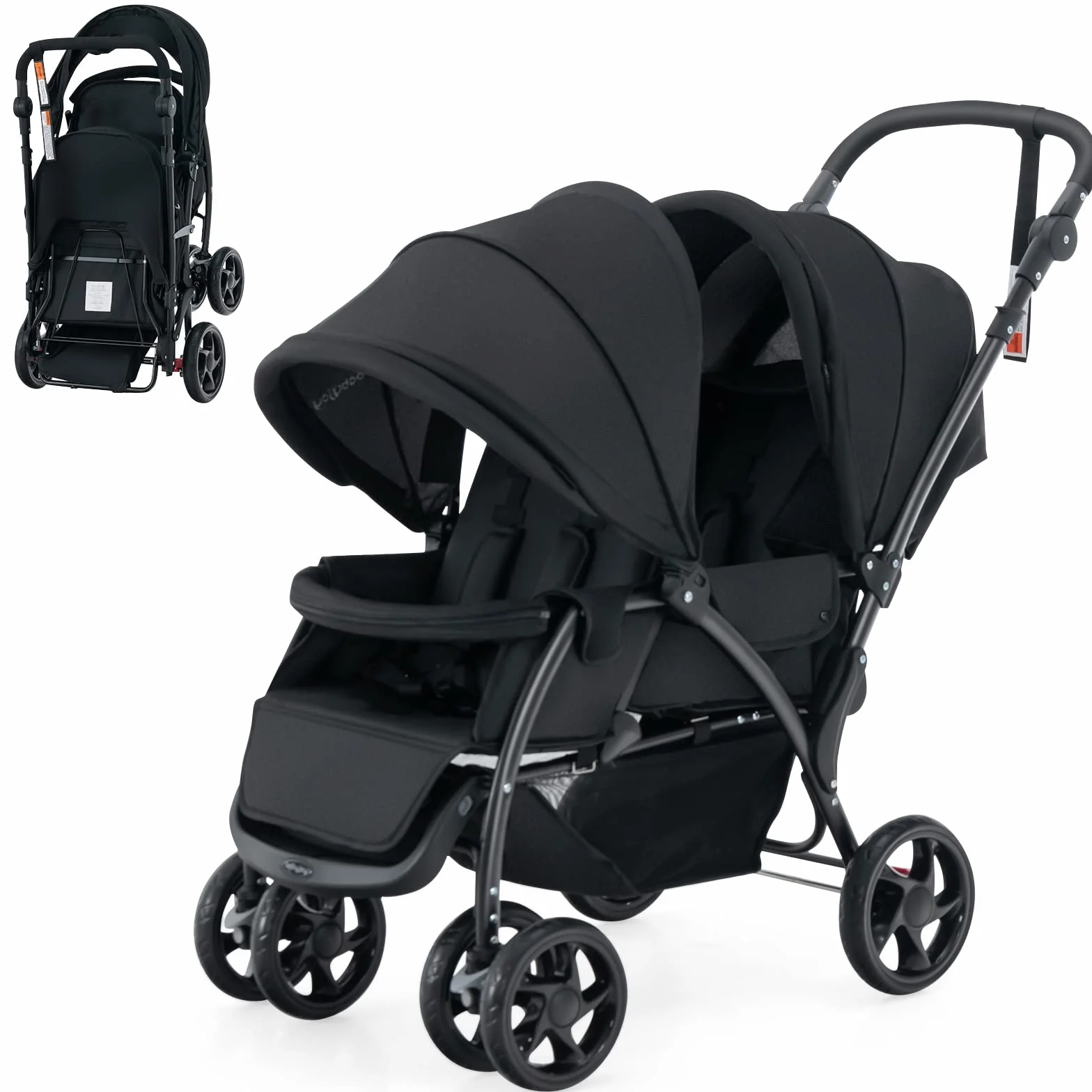 COSTWAY Geschwisterwagen klappbar, Zwillingswagen mit verstellbarer Rückenlehne & Verdeck, Reisebuggy mit Liegefunktion, Zwillingsbuggy Kinderwagen für Baby ab 6 Monate, 30 kg Belastbar (Schwarz)