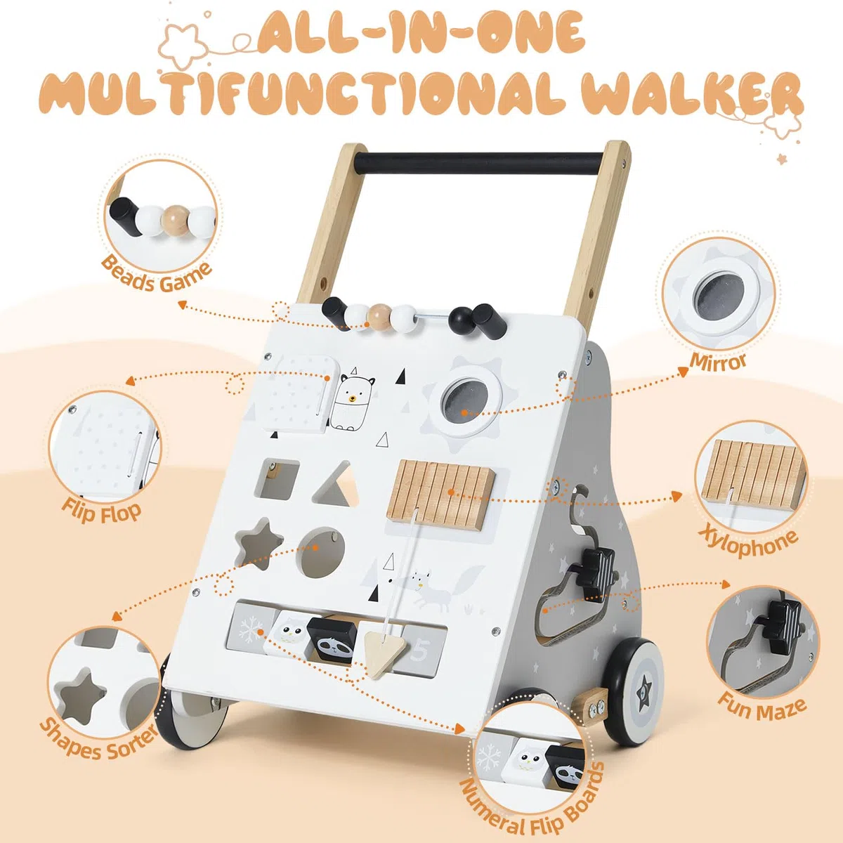 Labebe Lauflernwagen Holz, 8-in-1 Verwendung als Laufwagen, Baby Lauflernhilfe Holz mit gummierten Holzrädern und Activity Center