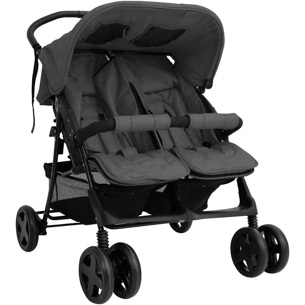 vidaXL Geschwisterwagen Klappbares Design Zwillingswagen Kinderwagen Baby Kinder Buggy Zwillingsbuggy Kinderbuggy Reisebuggy Dunkelgrau Stahl