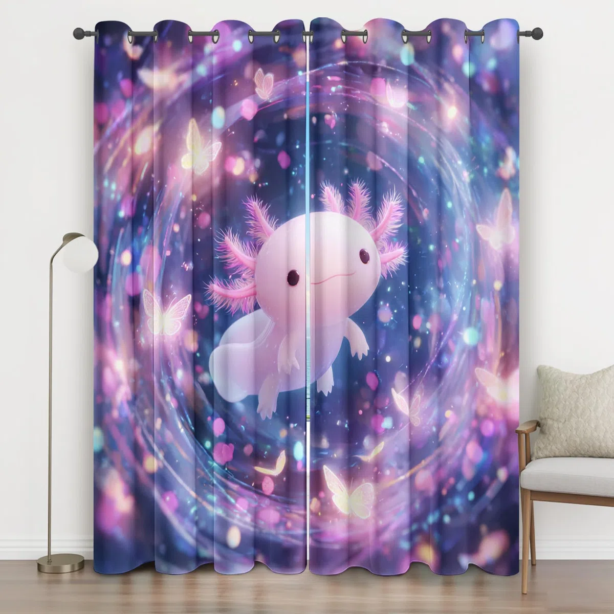 Süßer Axolotl Vorhänge Blickdicht, Schmetterling Fantasie Vorhang mit ösen für Wohnzimmer Schlafzimmer, Thermovorhang Kälteschutz Gardinen, Cartoon Tier Verdunklungsvorhänge 2er set B 200 x H 160 bN4