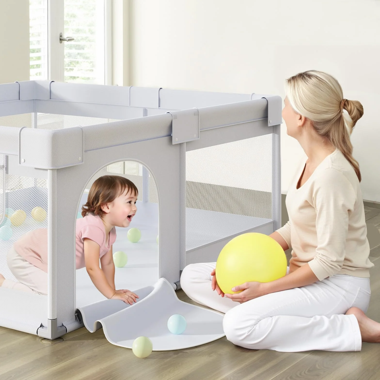 Laufstall Baby Klein Laufgitter - 120x120 cm Baby Laufstall mit Saugnäpfen, Stabiler Baby Playpen mit Atmungsaktivem Netz für Wohnungen