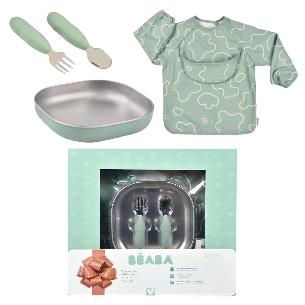 BÉABA Baby-Essensset Geschenkset ab 4 Monaten – Edelstahl-Teller mikrowellengeeignet, Ergonomisches Besteck, Lätzchen mit Ärmeln, Aufbewahrungsbox, Gesunde und Langlebige Materialien – Salbei-Grün