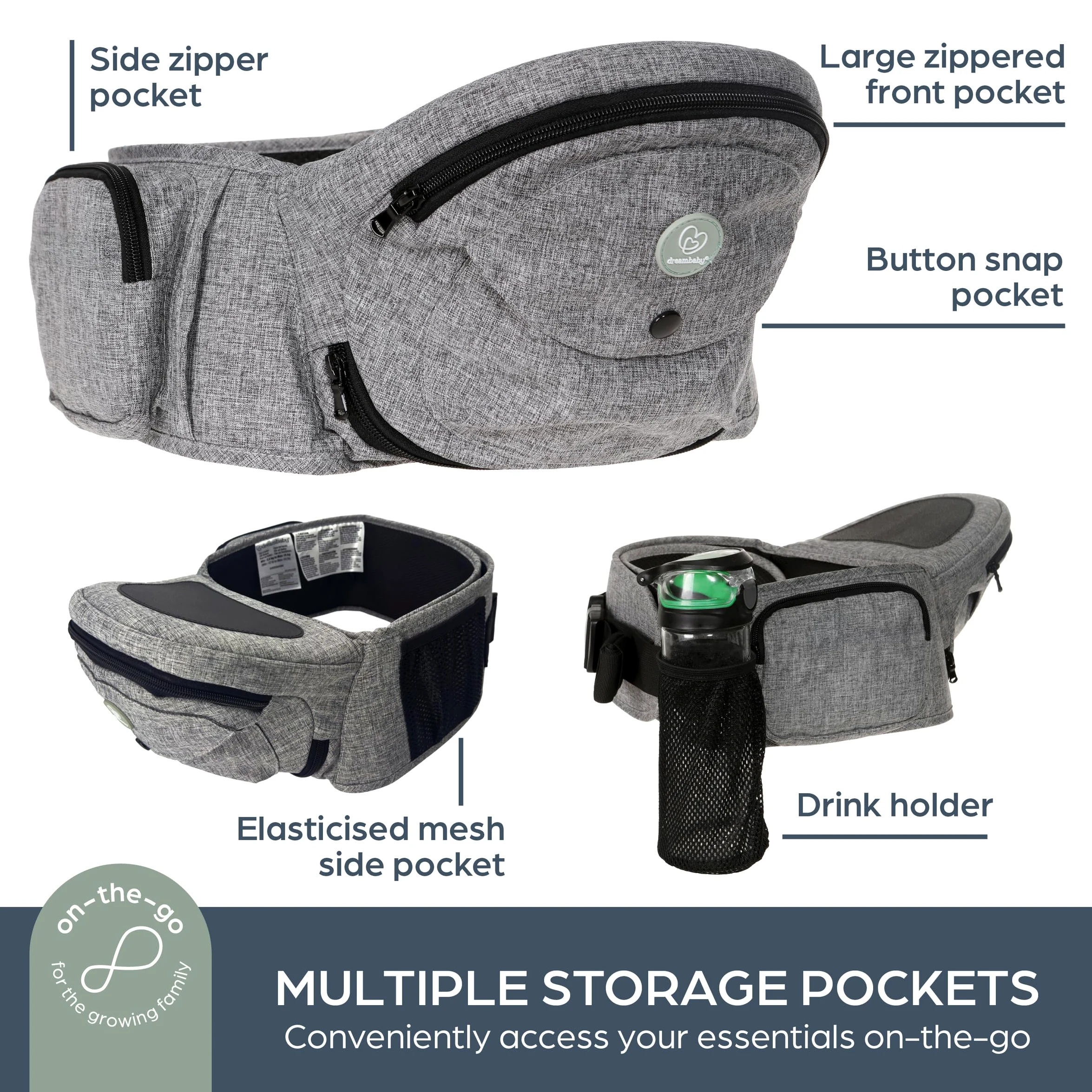 Dreambaby Up & Go Hüftsitz-Tragetasche, leichte Babyhalterung mit Aufbewahrungstaschen, ergonomische Kleinkind-Hüftstütze, verstellbarer Bund, geeignet für Kinder von 3,5-18 kg