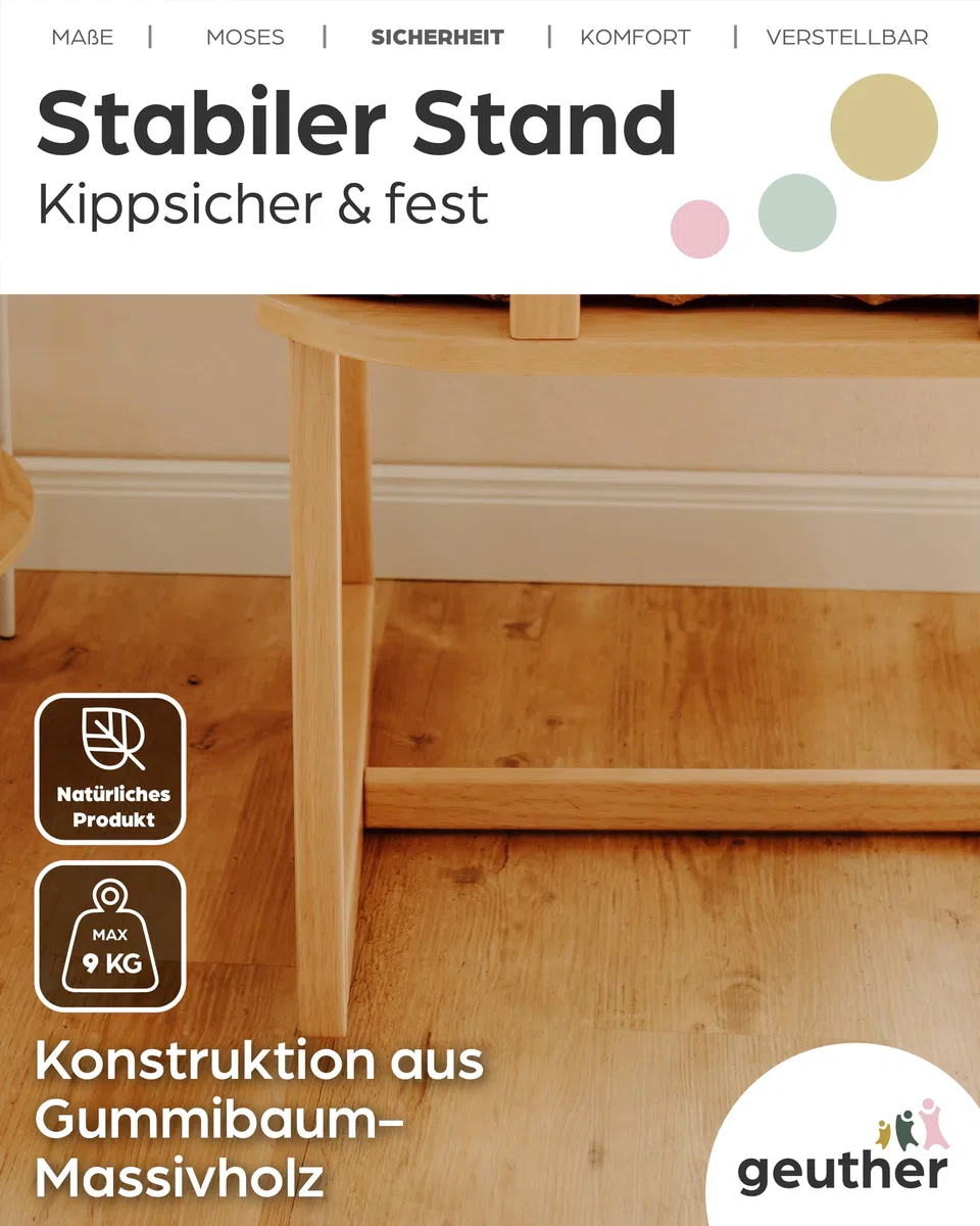 Geuther Untergestell für Moseskorb Baby | Stubenwagen mit Schaukelfunktion für Geuther Babynestchen, Baby Beistellbett | aus nachhaltigem & massivem Gummibaumholz, Baby Bett Gestell, naturfarben