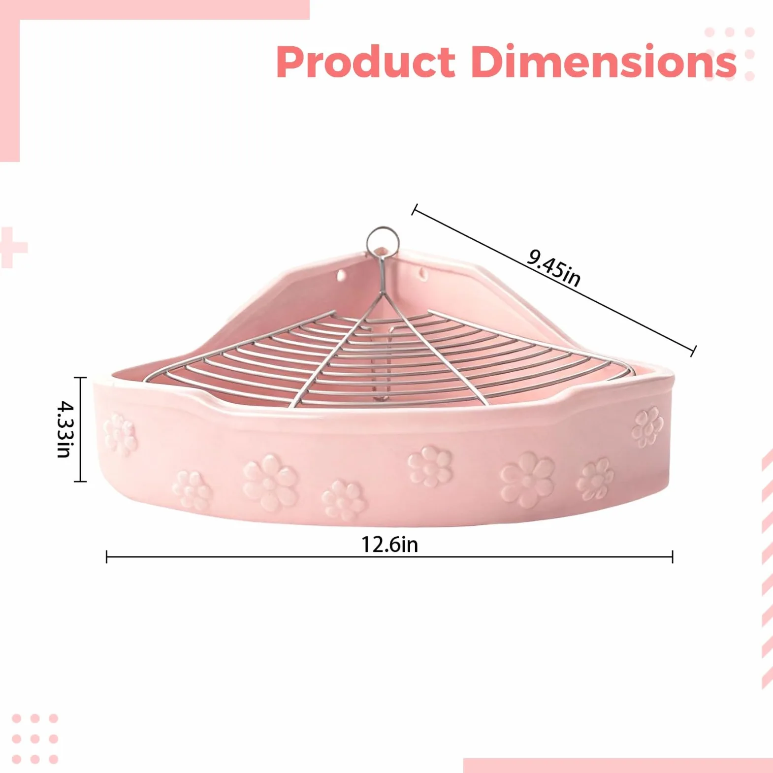 Große Keramik Ecktoilette, 32 x 24 x 11 cm, Blumenmuster, für Meerschweinchen/Kaninchen/Chinchilla, mit Metallgitter, leicht zu reinigen, Pink