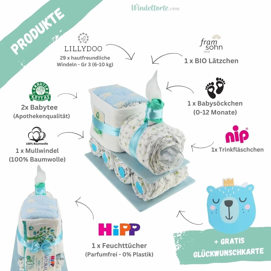 com – Windelzug für Jungen | Windelzug in Blau - inkl. 29 LILLYDOO Windeln | Geschenk zur Geburt | Taufgeschenk | Geschenk zur Babyparty – Handgefertigte Windeltorte (Junge)