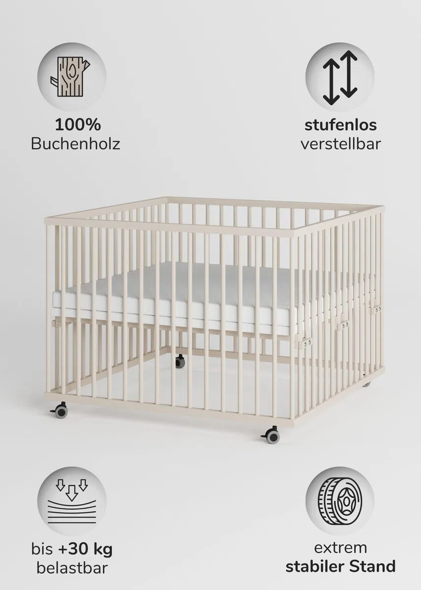 Sämann Baby Laufstall aus Holz I Baby Laufgitter 100x100 cm Sahara Dust I Inkl. Matratze Cloud Air I Robuster & höhenverstellbarer Laufstall aus Buchenholz I Mit gummierten Rollen & TÜV geprüft