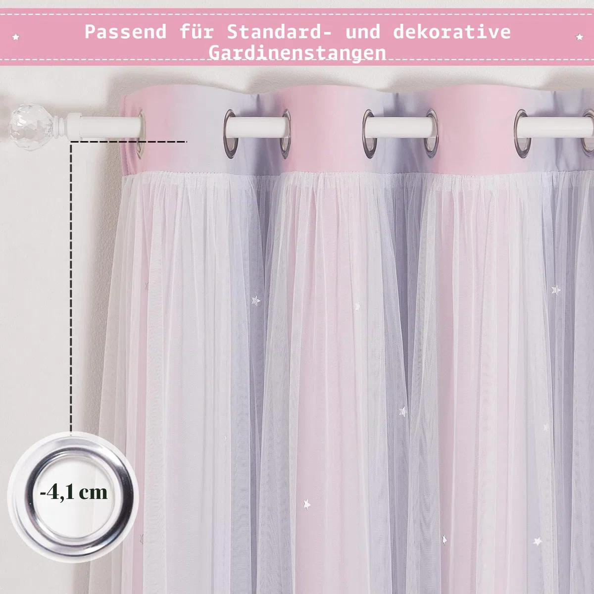 NICETOWN Gardinen Kinderzimmer Mädchen 2 Stücke Verdunklungsvorhänge Dekoration Sternevorhänge mit Voile Curtains Ösenvorhang H 240 x B 132 cm, Pink+Lila