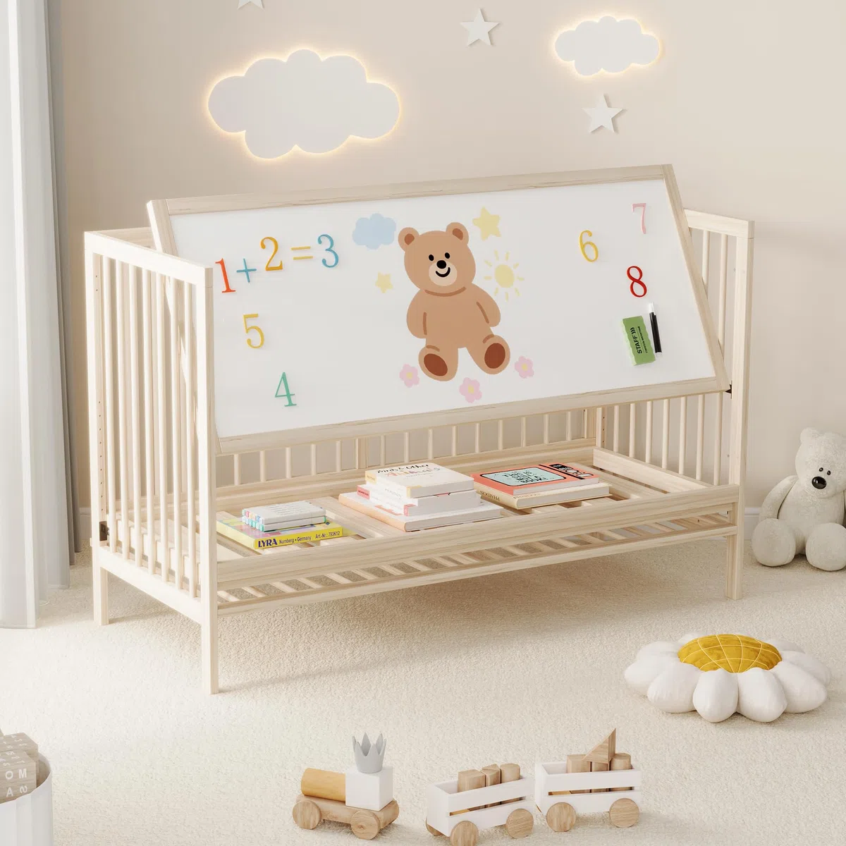 Holz Babybett Höhenverstellbar,Multifunktionales Gitterbett,Baby Cot Babybett Mitwachsend Beistellbett Staffelei Schreibtisch,ohne Matratze,140x60x90cm