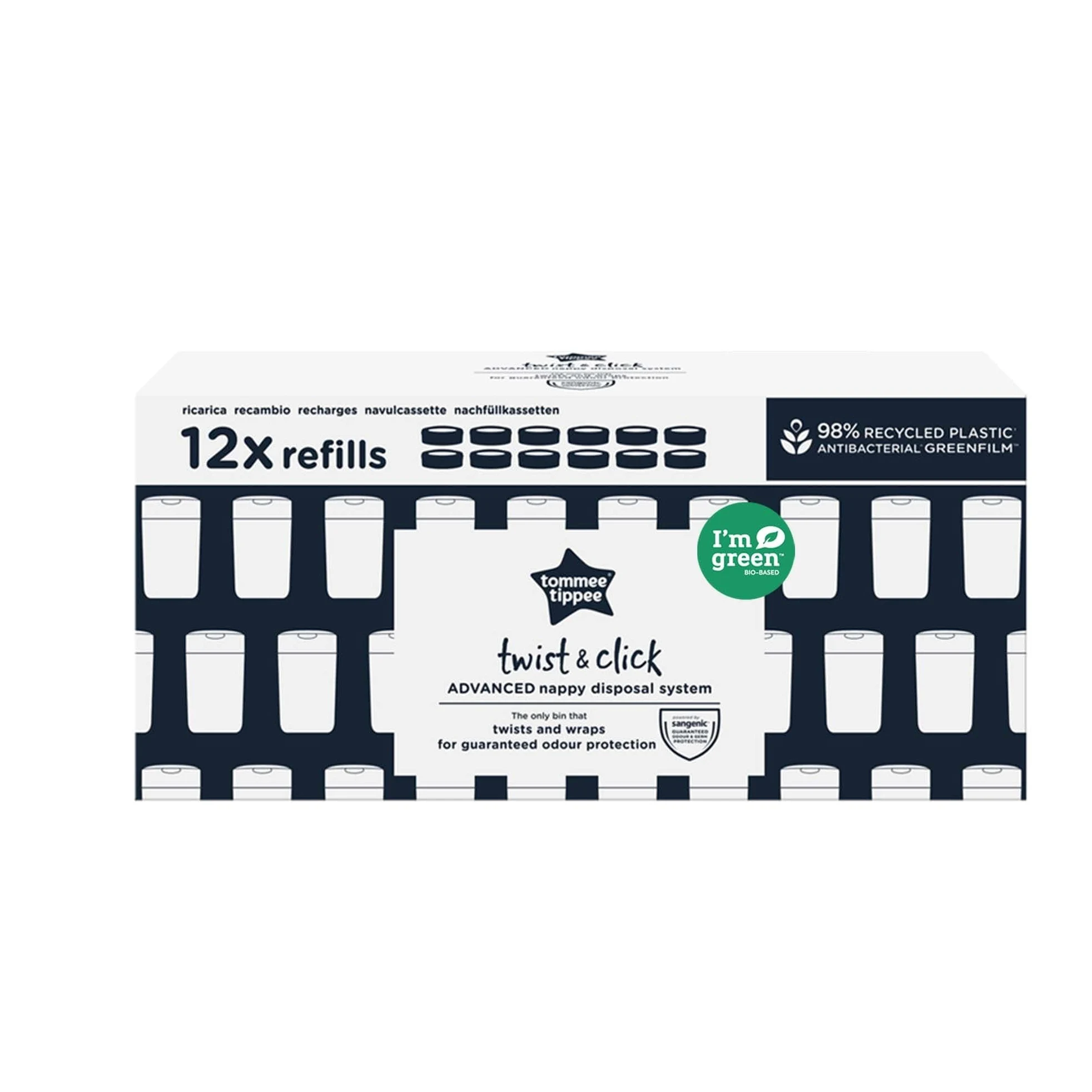 Tommee Tippee Nachfüllkassetten für Twist & Click Advanced Windelentsorgungssystem mit Nachhaltig Bezogener Antibakterieller GREENFILM-Folie, 12-er Pack