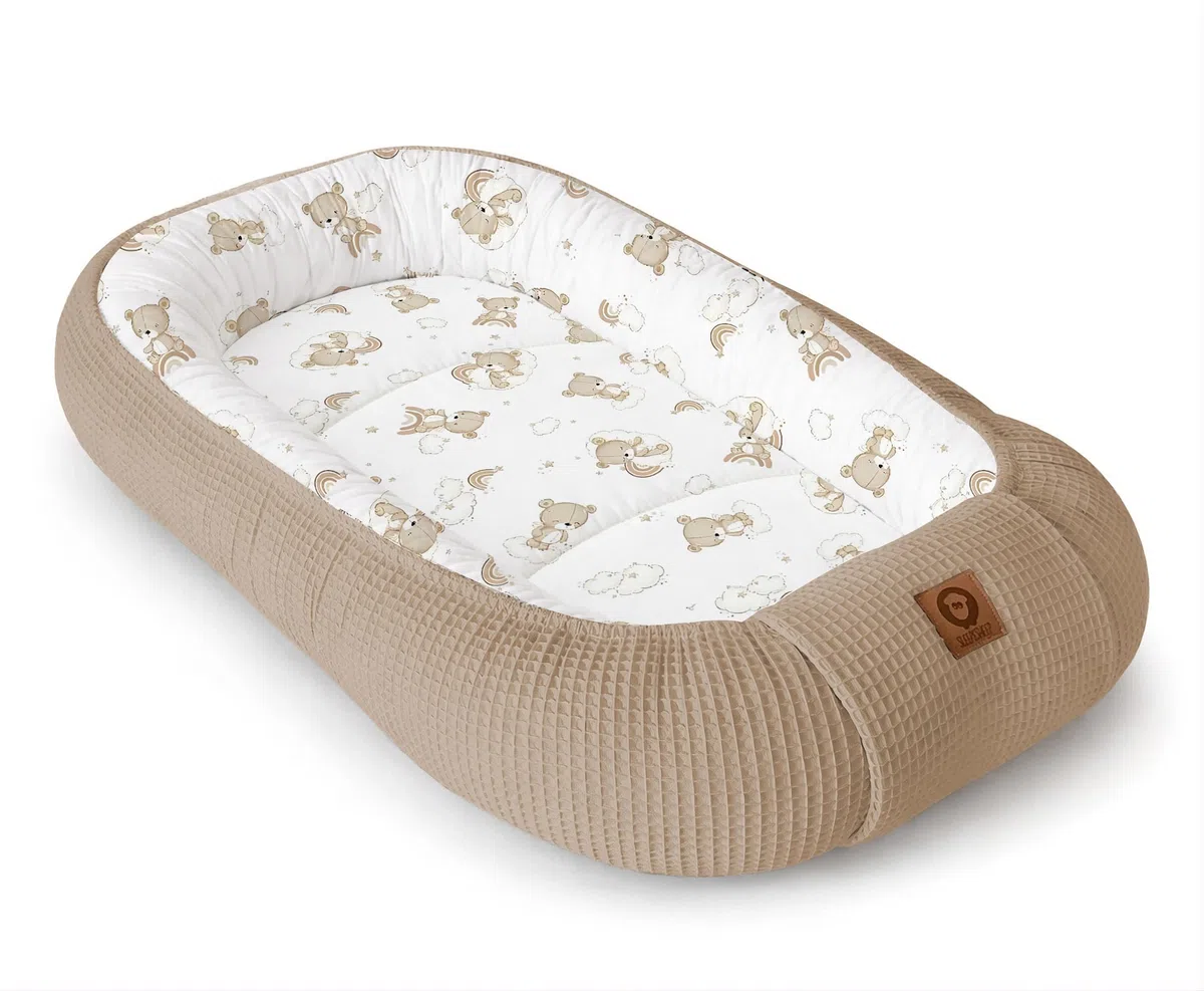 Babynestchen Neugeborene – Nestchen Baby aus Waffel Baumwolle & Baumwollstoff – Babynest für Babybett & Kinderbett – Baby Kokon Tragbar – OEKO-TEX zertifiziert – Zubehör für Babybett - Teddy und Braun