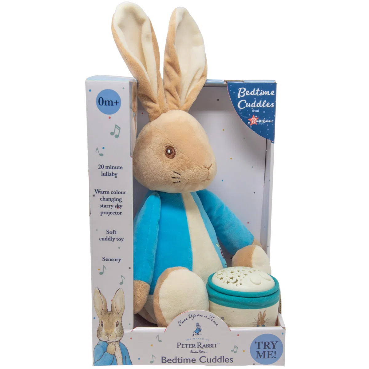 Rainbow Designs Bedtime Cuddles with Peter Rabbit – Klassisches Plüschtier mit Sternenhimmel, projizierender Nachtlicht-Laterne und Wiegenlied-Geräuschen