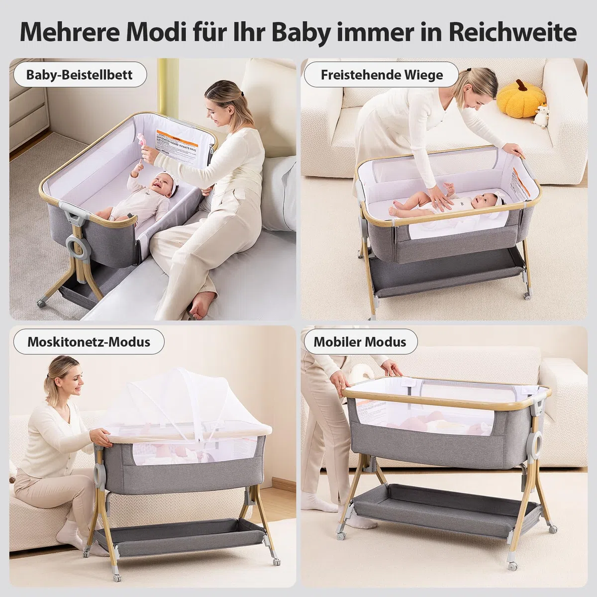 Larex Beistellbett Baby,3 in 1 Babybett mit Moskitonetz,Aufbewahrungstasche & Korb,5-stufig Höhenverstellbares Babybett,4 Räder mit Bremse,atmungsfreundliche Matratze & Mesh (Dunkelgrau)